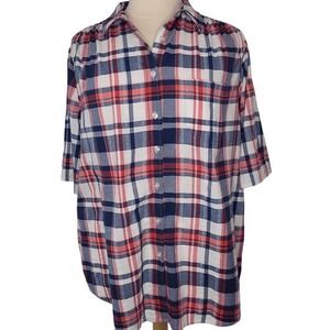 Woman Within Red, White  & Blue Plaid Button Down Short‎ Sleeve Top